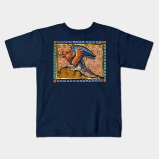 MEDIEVAL BESTIARY, DRAGON ,Gold Leaves, Blue Orange Colors Kids T-Shirt